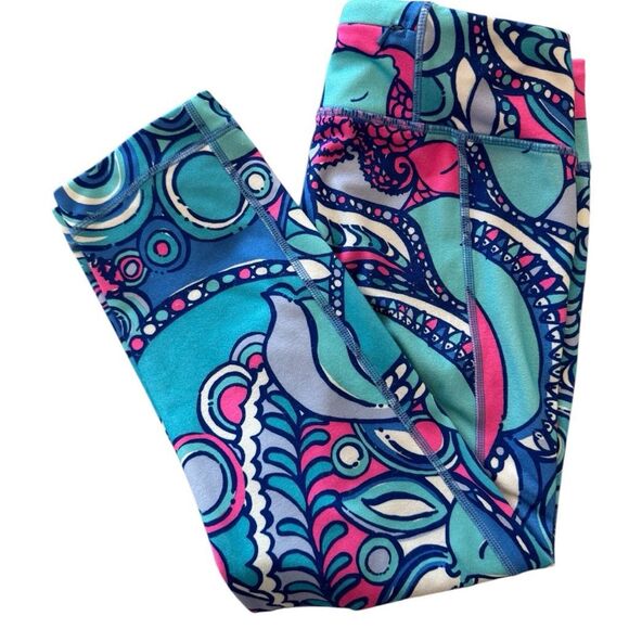 Lilly Pulitzer Girls Luxletic Weekender Fish Seahorse Leggings Pink Blue Small - Picture 2 of 11